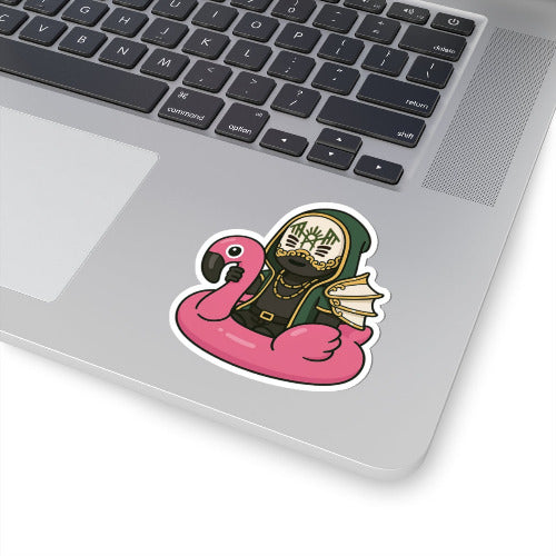 Sticker of Vessel from Sleep Token floating on a pink flamingo floaty